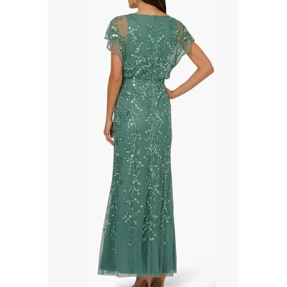 NEW ADRIANNA PAPELL beaded mesh boat neck flutter sleeve blouson dress in green - Picture 2 of 4